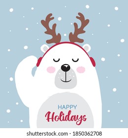 Christmas Greeting Card with polar bear. White bear with deer horns on blue background with snowflakes. Happy Holidays lettering. Good for Cards, Scrapbooking, Stickers, Planner, Invitations.