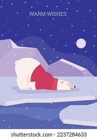 Christmas greeting card with polar bear lying in Arctic, cartoon flat vector illustration. Holiday poster with cute animal in red sweater resting on ice. Funny polar bear kids poster.