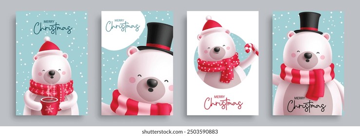 Christmas greeting card polar bear vector design. Merry christmas greeting text with polar bear characters for holiday season gift tags collection template. Vector illustration bear character cards 