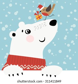 Christmas greeting card with polar bear and little bird.