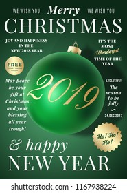 Christmas Greeting Card, Poster, Banner or Party Invitation as a Magazine Cover. Vector Realistic Xmas Ball with Soft Shadows and Modern Typography. Dark Green Background.