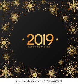 Christmas greeting card, poster, banner, postcard, print design. Golden texture, snowflakes and typed quotation: '2019 Happy New Year' on a dark background. vector illustration eps 10 - Shutterstock ID 1238669503