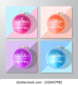 Christmas Greeting Card, Poster, Banner or Party Invitation Set. Vector Realistic Xmas Balls with Soft Shadows and Frame Banners with Hand Drawn Sketches. Trendy Pastel Pink Background. Isolated.