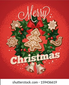 Christmas greeting card \ poster \ banner. with holly garland and cookies. Vector illustration.