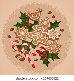 Christmas greeting card \ poster \ banner. with holly, cookies and candies. Vector illustration.