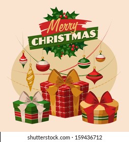 Christmas greeting card \ poster \ banner. Gift boxes and decorations. Vector illustration.