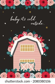 Christmas greeting card, poster, banner, flyer, header template design. Vector illustration with flowers, winter holidays elements on dark background.