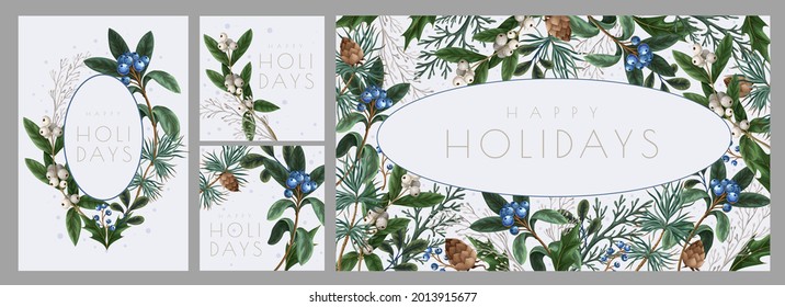 Christmas greeting card or poster with botanical berries, pines and leaves