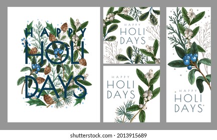 Christmas greeting card poster and botanical berries  pines   leaves