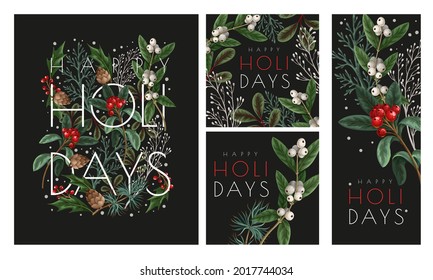 Christmas Greeting Card Or Poster With Botanical Berries, Pines And Leaves