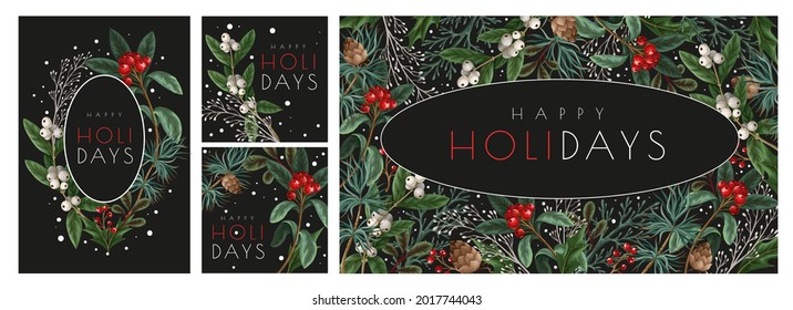 Christmas greeting card or poster with botanical berries, pines and leaves