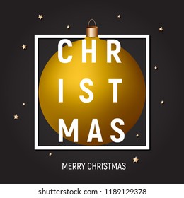 Christmas greeting card, poster, cover, gold ball in a white square frame on dark background, gold stars, text. Greeting card, banner, calendar, poster, template.