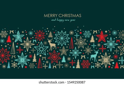 Christmas greeting card/ poster/ cover with stars, snowflakes, Christmas tree and reindeer
