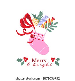 Christmas greeting card or poster design with traditional holiday decorations. Merry and bright premade postcard design with Christmas sock full of candies and foliage