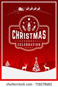 Christmas greeting card or poster design. Merry Christmas typography holidays wish logo emblem template. Winter landscape vector background.