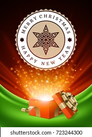 Christmas greeting card or poster design. Merry Christmas typography holidays wish logo emblem template. Gift box vector background.