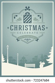 Christmas greeting card or poster design. Merry Christmas typography holidays wish logo emblem template. Winter landscape vector background.