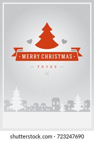 Christmas greeting card or poster design. Merry Christmas typography holidays wish logo emblem template. Winter landscape vector background.
