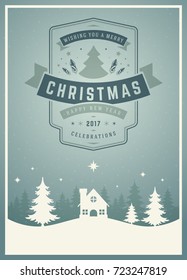 Christmas greeting card or poster design. Merry Christmas typography holidays wish logo emblem template. Winter landscape vector background.