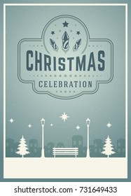 Christmas greeting card or poster design. Merry Christmas typography holidays wish logo emblem template. Winter landscape vector background.