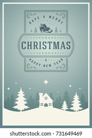 Christmas greeting card or poster design. Merry Christmas typography holidays wish logo emblem template. Winter landscape vector background.
