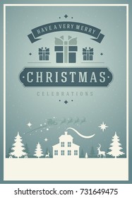 Christmas greeting card or poster design. Merry Christmas typography holidays wish logo emblem template. Winter landscape vector background.