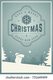 Christmas greeting card or poster design. Merry Christmas typography holidays wish logo emblem template. Winter landscape vector background.