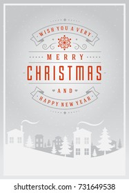 Christmas greeting card or poster design. Merry Christmas typography holidays wish logo emblem template. Winter landscape vector background.