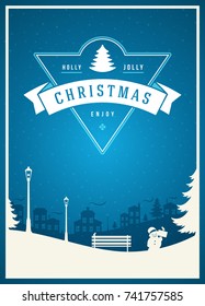 Christmas greeting card or poster design. Merry Christmas typography holidays wish logo emblem template. Winter landscape vector background.