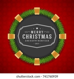 Christmas greeting card or poster design. Merry Christmas typography holidays wish logo emblem template. Green wreath and red snowflakes pattern and chalkboard vector background.