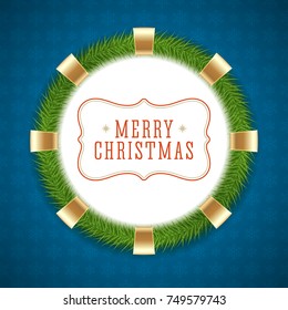 Christmas greeting card or poster design. Merry Christmas typography holidays wish logo emblem template. Green wreath and blue snowflakes pattern vector background.