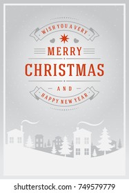 Christmas greeting card or poster design. Merry Christmas typography holidays wish logo emblem template. Winter landscape vector background.