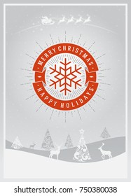 Christmas greeting card or poster design. Merry Christmas typography holidays wish logo emblem template. Winter landscape vector background.