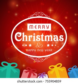 Christmas greeting card or poster design. Merry Christmas typography holidays wish logo emblem template. Gift box vector background.