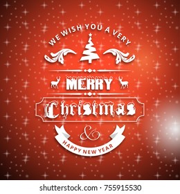 Christmas greeting card or poster design. Merry Christmas typography, holiday template on red background with snowflakes.