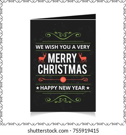 Christmas greeting card or poster design. Merry Christmas typography holidays wish logo emblem template with black background