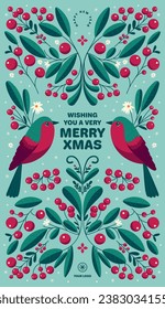 Christmas Greeting Card and Poster: Festive Birds and Berries on Teal Background with Red Accents and Merry Xmas text