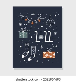 Christmas greeting card or poster. Gift boxes, pair of socks, bell, garland of light bulbs, 2022 lettering. Flat vector illustration isolated on dark blue background. Set of icons for winter holidays.