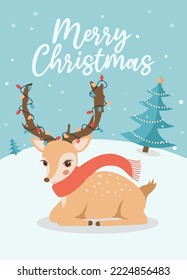 Christmas greeting card or poster with reindeer and winter landscape