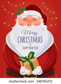 Christmas greeting card, poster. Santa Claus portrait. Funny Santa. Vector illustration. Merry Christmas and Happy New Year
