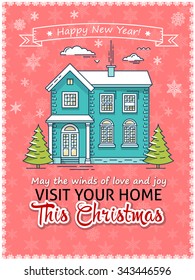 Christmas greeting card. Poster template. Flat line vector architecture illustration. Snowy house. Colorful Christmas typographic design. Cute holiday card. Printable Christmas Flyer. Web banner.