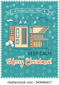 Christmas greeting card. Poster template. Printable flyer. Flat line vector architecture illustration. Snowy house. Colorful Xmas typographic design. Cute holiday card. Keep calm and Merry Christmas.