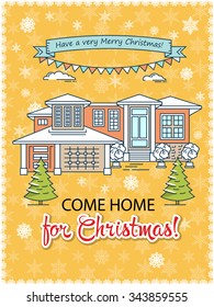 Christmas greeting card, poster template, web banner, printable flyer. Flat line vector architecture illustration. Snowy house. Colorful Xmas typographic design. Cute holiday card.