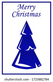 Christmas greeting card, poster with christmas tree on white background with frame. Blue and white colors
