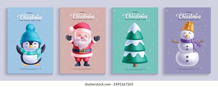 Christmas greeting card poster vector set design. Merry christmas template collection with penguin, santa claus, snowman and pine tree decoration elements. Vector illustration seasonal card design. 