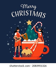 Christmas greeting card with pretty girls and a cup of cocoa or coffee with marshmallows and a Christmas tree. Flat vector illustration.