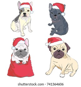 Christmas greeting card. Pug dog with red Santa's hat