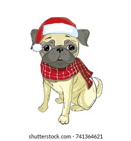 Christmas greeting card. Pug dog with red Santa's hat