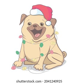 Christmas greeting card. A pug with a garland. Cute pug puppy on a white background in a beanie, vector postcard