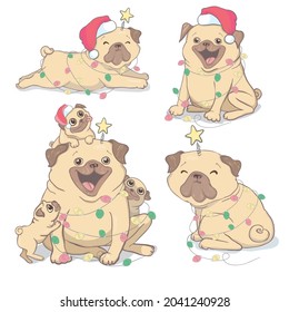 Christmas greeting card. A pug with a garland. Cute pug puppy on a white background in a beanie, vector postcard